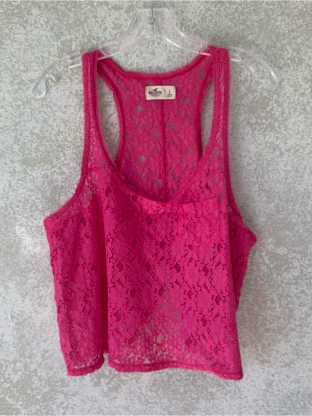 Hollister Women's Bright Pink Lace Racerback Tank Large Summer Preppy Girly